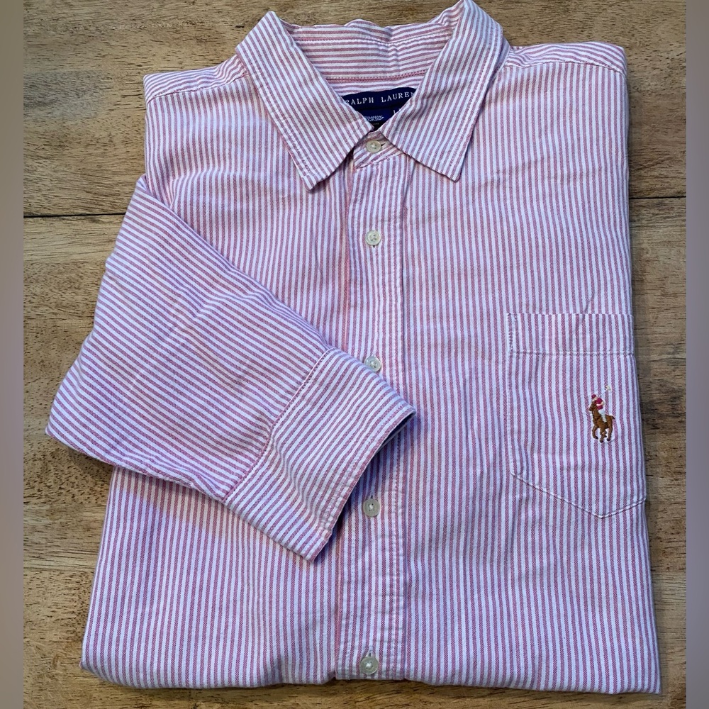 Polo by Ralph‎ Lauren Men’s L/XL 100% Cotton Pink/White Pinstripe Button Down